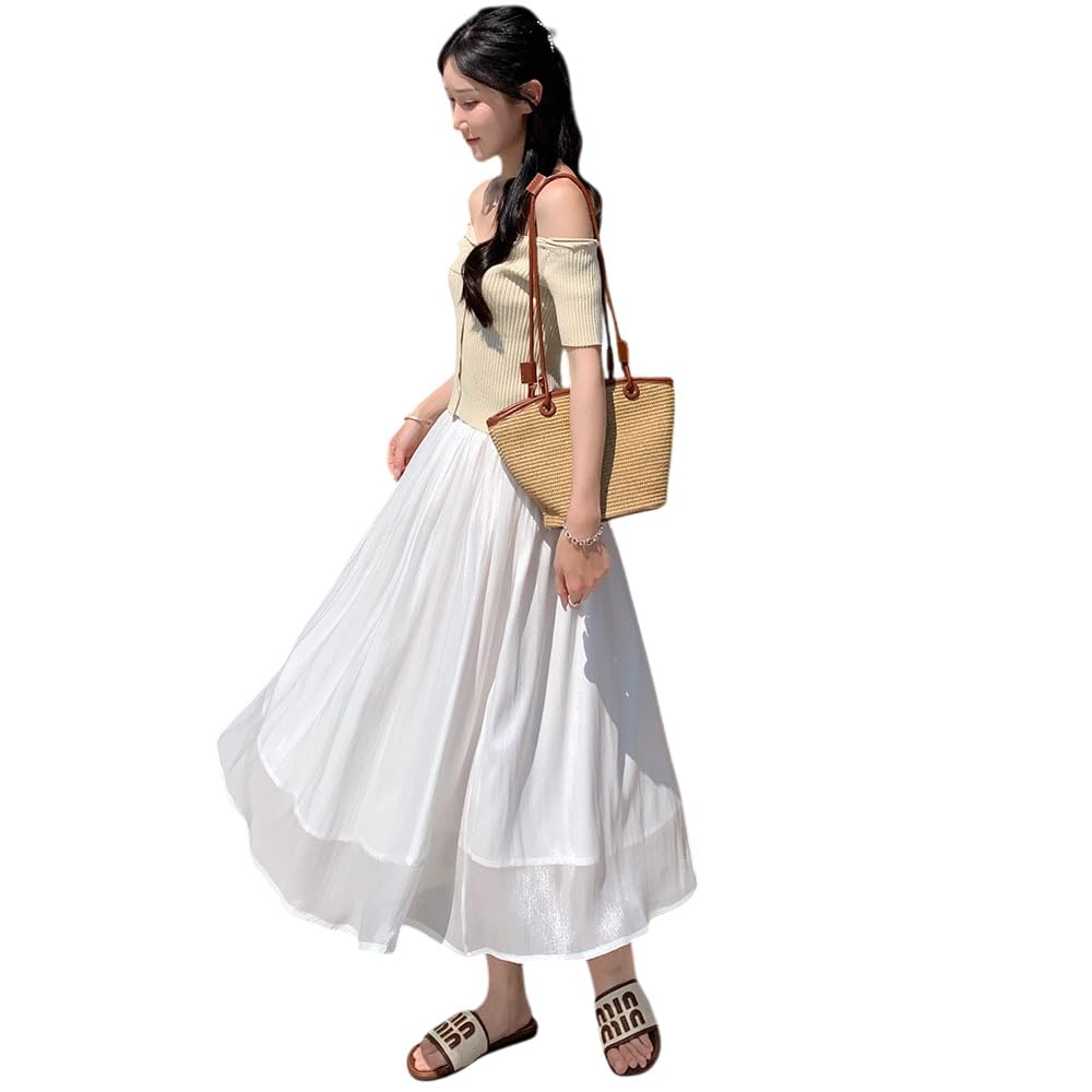 Minax Long Elastic Solid Lightweight Women's Skirt, Spring/Summer, Flowing, Lined, Waist, Shiny, Cute, Figure-Flattering, Color, Natural, Soft,