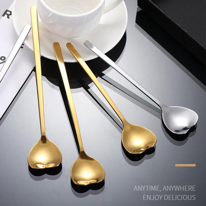 Stainless Steel Spoon Long Handled Honey Mixing Spoon Creative Love Spoon Home Ice Cream Dessert Spoon Golden Coffee Spoon