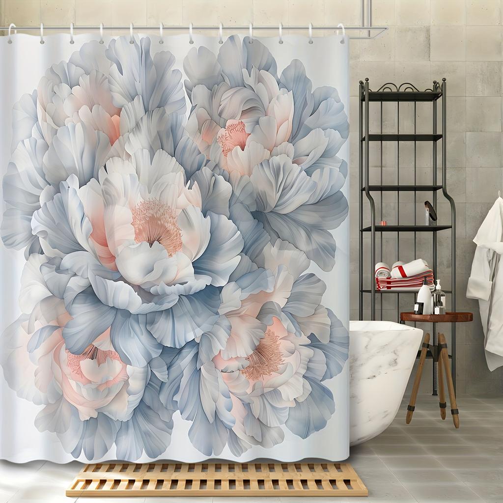 1pc Peony Floral Hand Painted Shower Curtain, Decorative Bathroom Accessories with Hooks, Polyester, Machine Washable