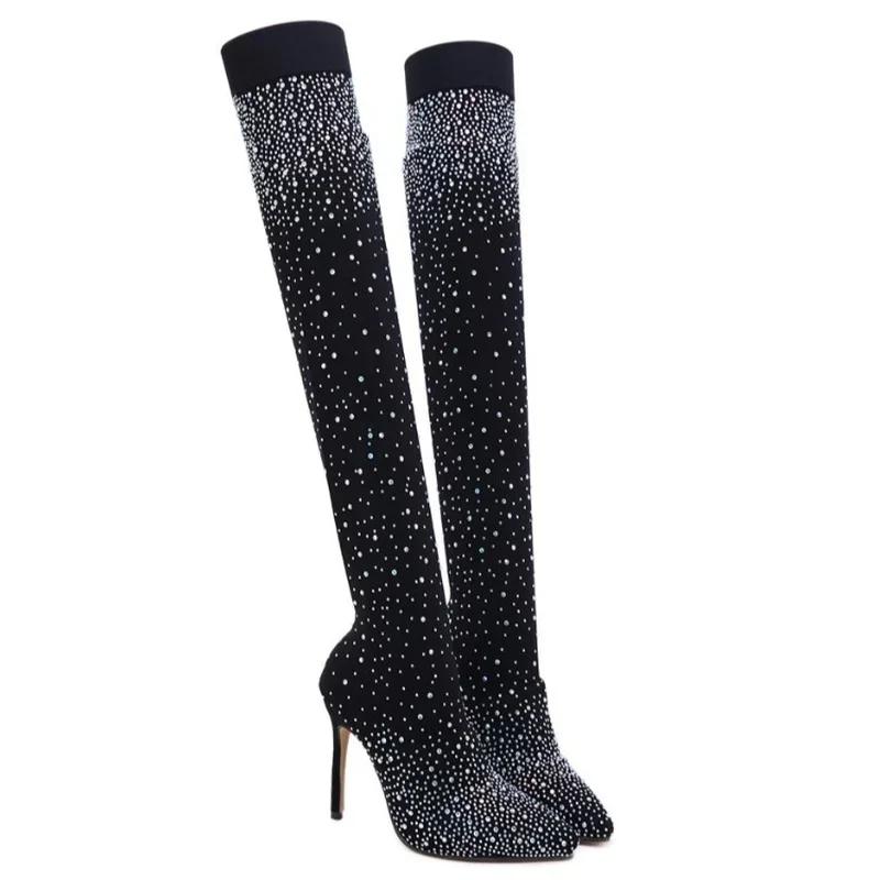 Mode Sommer Kniestiefel Luxus Frau Schuhe Strass Spitzschuh Sexy High Heels Plus Größe 43 Oberschenkel Hohe Socken Botas De Mujer