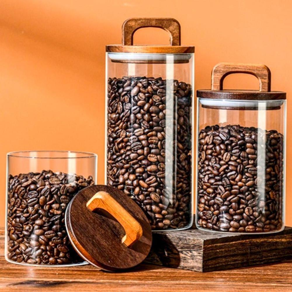 Wood Handle Glass Storage Jar Wood Lid Airtight Container Vacuum Sealed Jar  Coffee Bean Storage