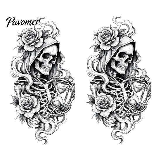 Waterproof PVC Window Decal Halloween Skeleton And Rose Static Clings, Removable Sketch Skull & Glass Sticker Flower Sticker, for Home Store