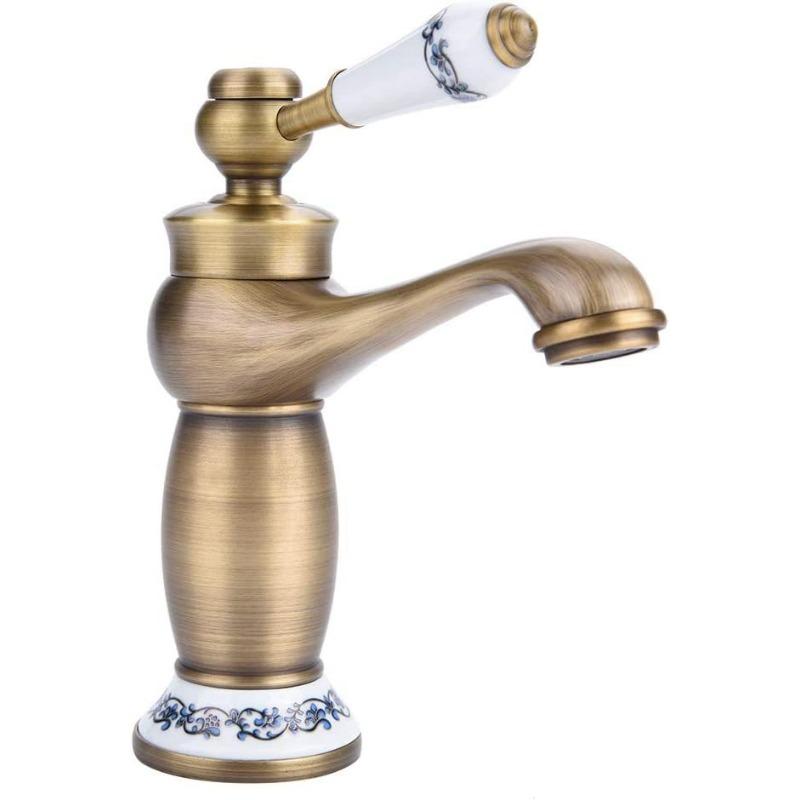 Vintage Antique Brass Faucet Blue and White Porcelain Long Neck Mixer Tap Bathroom/Kitchen Cold Hot Water Basin Sink Accessories