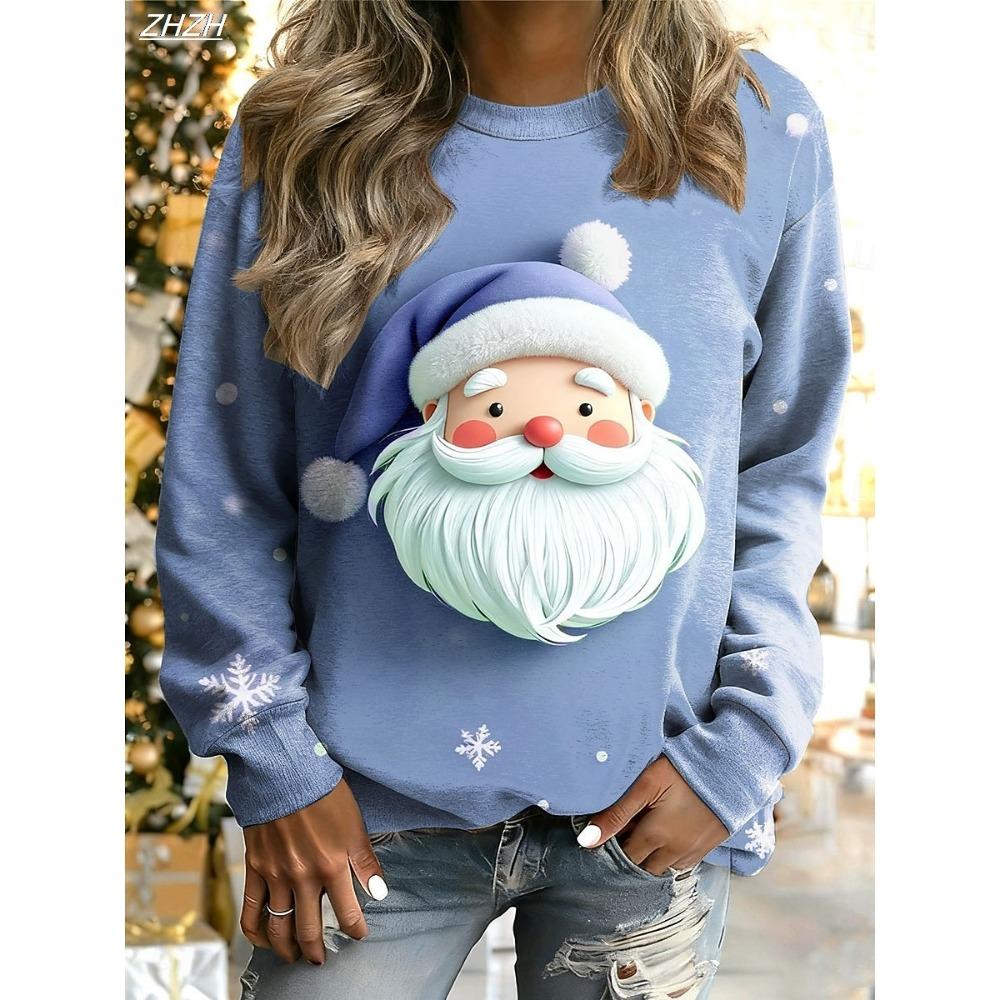 Women's Christmas Santa Graphic Pullover, Cozy Long Sleeve Crewneck, Holiday Home Street Style, Fall Winter Casual Fashion