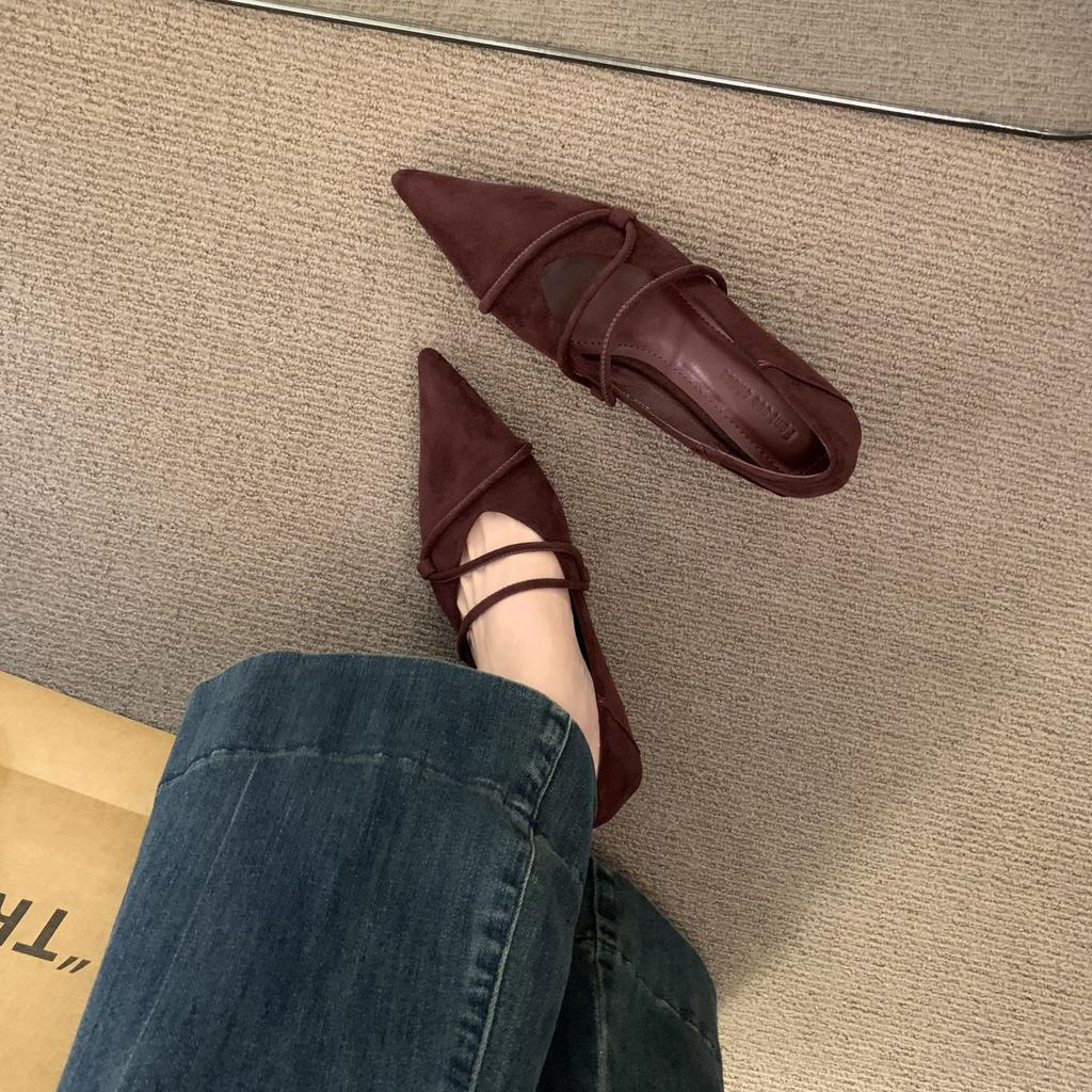 French Suede Pointed Cat Heel Light Mouth Single Shoes Women's Black Commuter Work Shoes Four Seasons Low Heel Mary Jane Shoes
