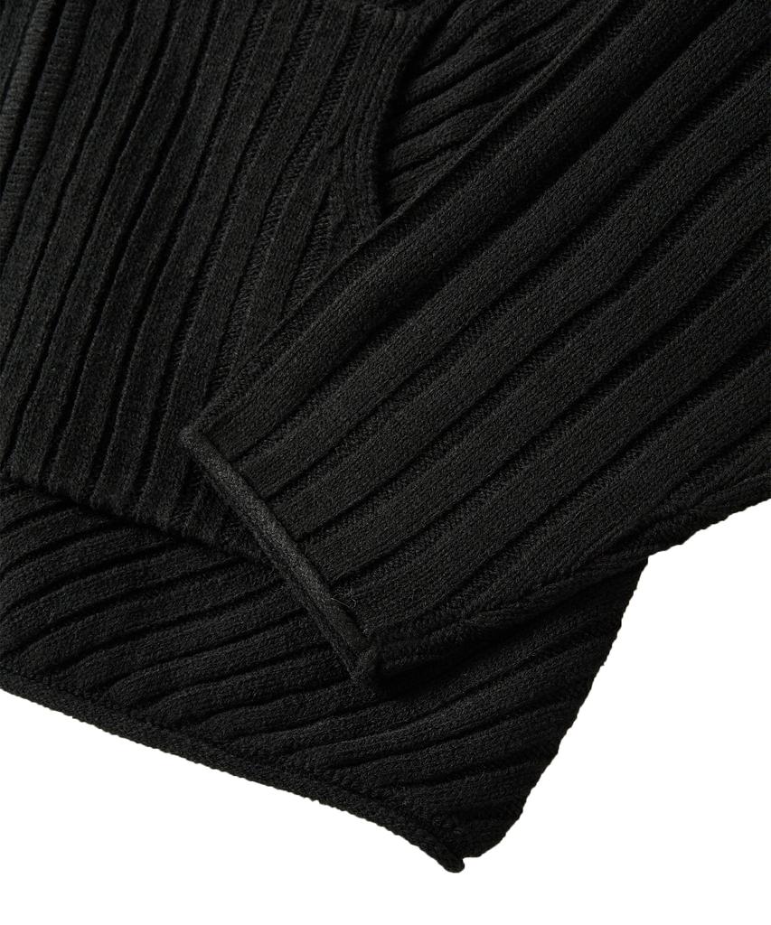 Uallong Rib Knit Hoodie Zip-Up - Black