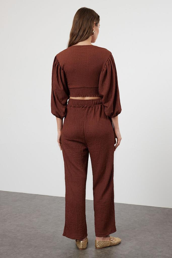 Women's Style Bottom-Top Set Clothes Dark Brown Textured Fabric Relaxed Comfortable Cut Flexible Knitted Bottom-Top Set