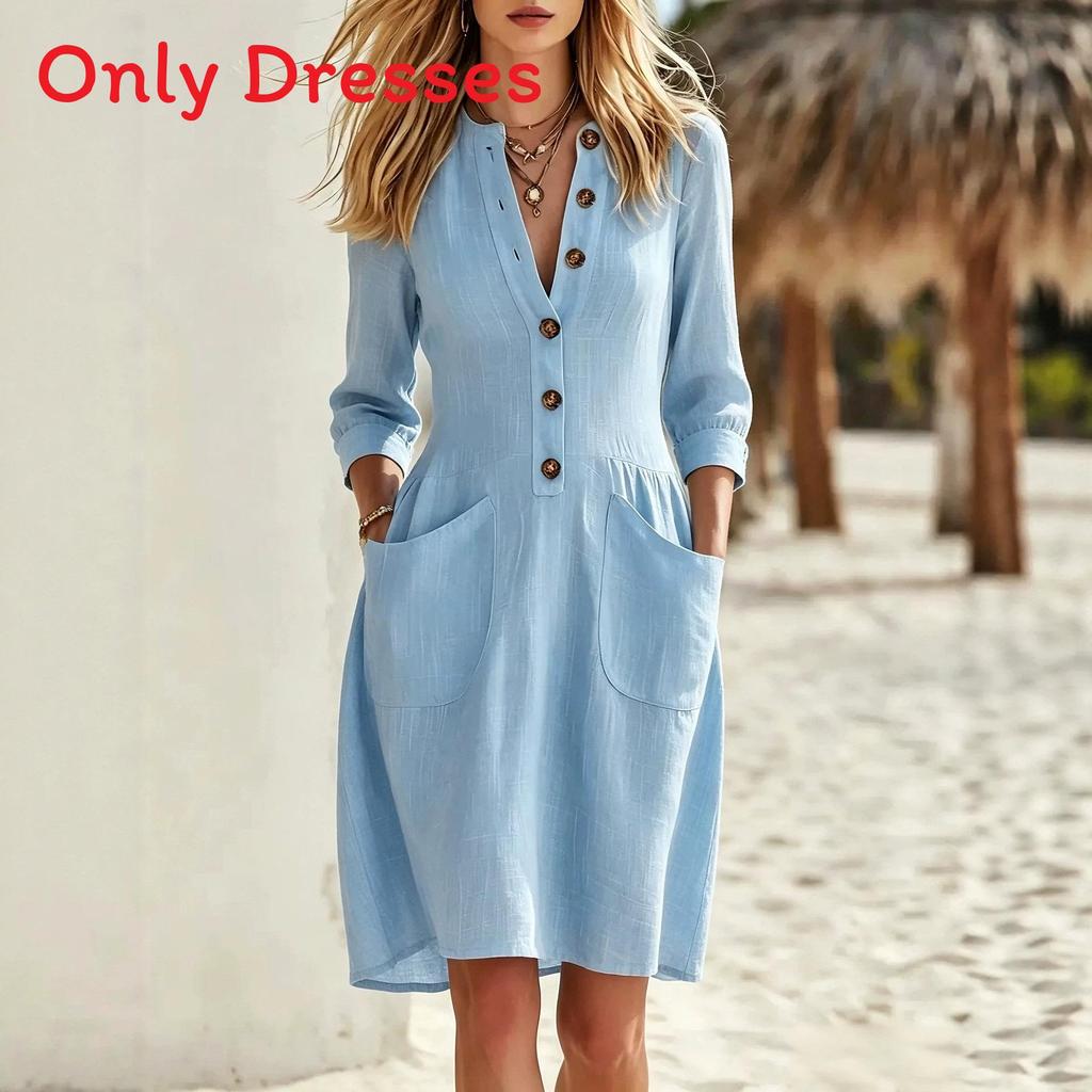 Style V Neck Button Pocket Loose Dress For Casual Travel And Outing