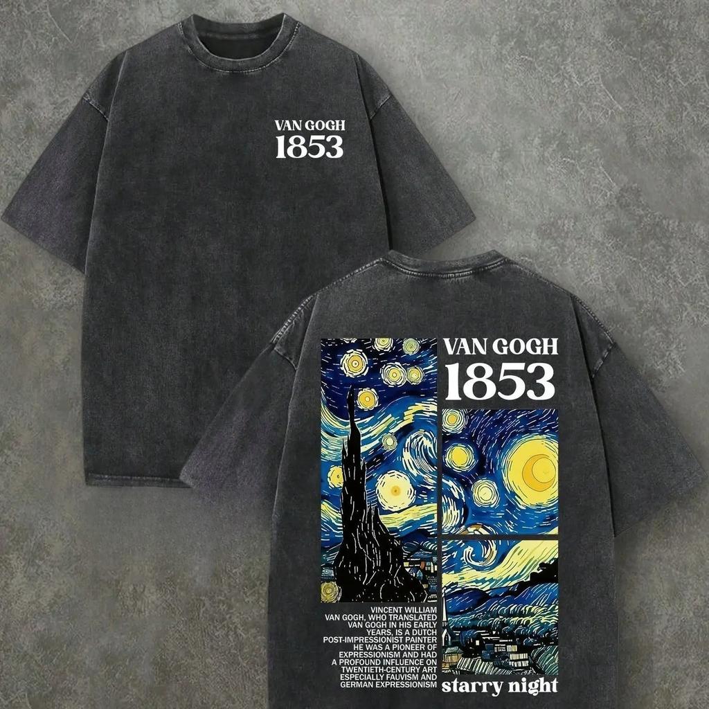 Künstlerisches Sternennacht-Druck-Neues T-Shirt Herren Retro Gewaschene Baumwolle Tee Kurzarm O-Ausschnitt Grafisches Oberteil Unisex Streetwear
