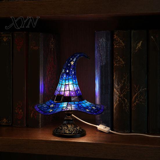 Halloween Decoration Lamp Witch Hat Table Lamp, USB Powered LED Bedside Light, Resin Gothic Night Light for Bedroom, Living Room, Shelf Decor
