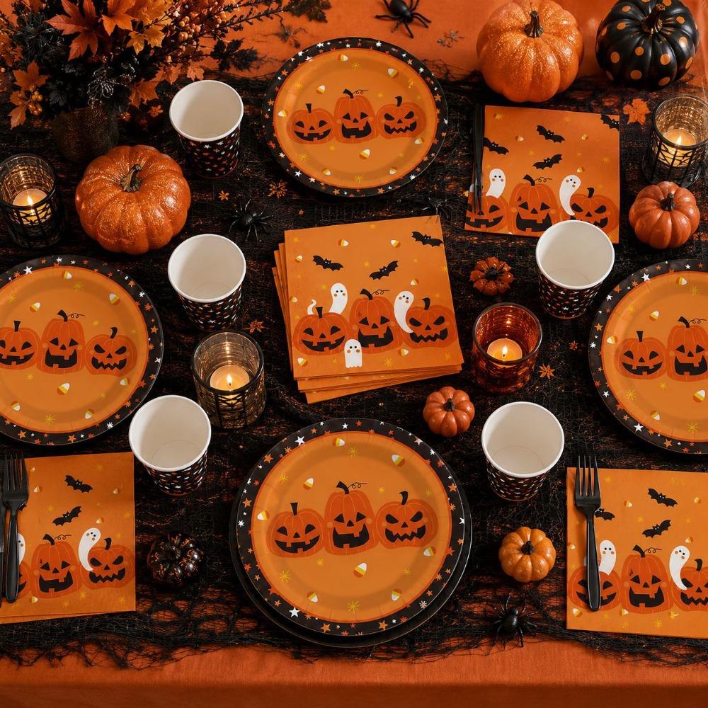 Pumpkin Pattern Disposable Plate Cup Set Paper Disposable Utensils Set Ghost Festival