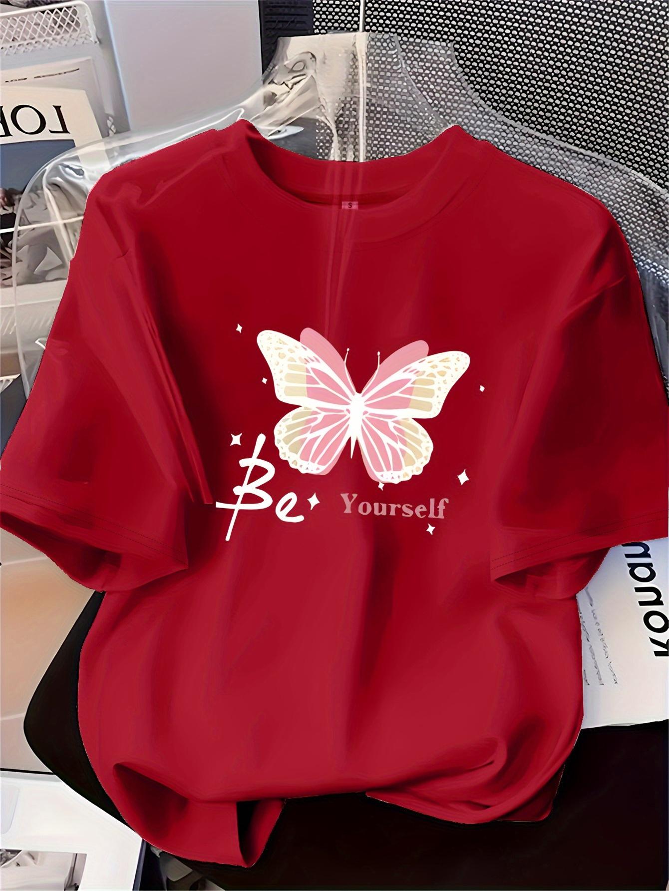 

2026 New Unisex Women Fashion Printed TShirt Pink Butterfly Pattern Soft Comfortable Printed Short Sleeve TShirt for Casual Tops M