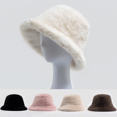 New Women Bucket Hat Faux Fur Autumn And Winter Warm Panama Plush Fashion Female Hats Casual Fisherman Caps For Ladies