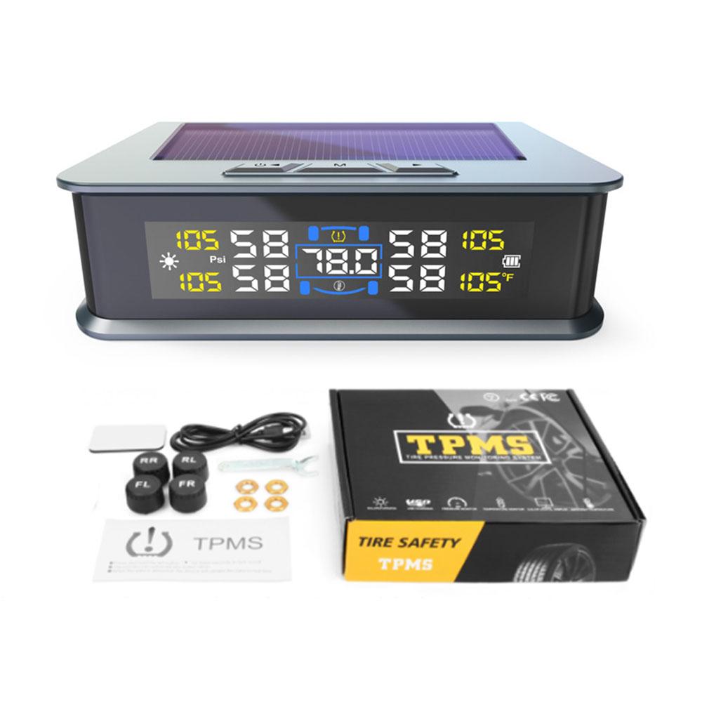 

Solar TPMS Car Tire Pressure Alarm Digital Colorful Display 4 External Sensor Waterproof Tire Pressure Temperature Voice Warning T15