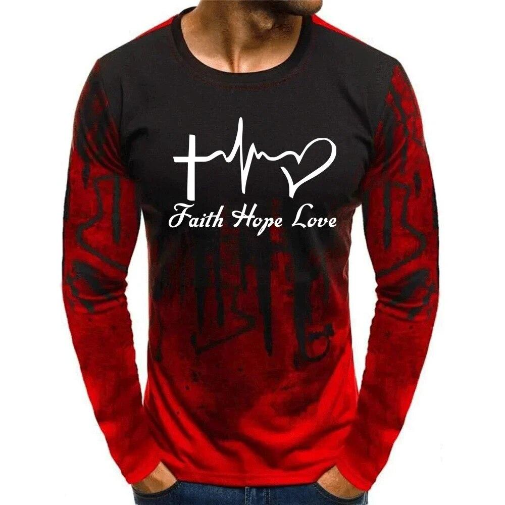 3D potisk Pánské tričko s dlouhým rukávem Faith Hope Love Jaro Podzim Ježíš Srdce Potisk O-neck Pullover Fashion Street Oversized topy