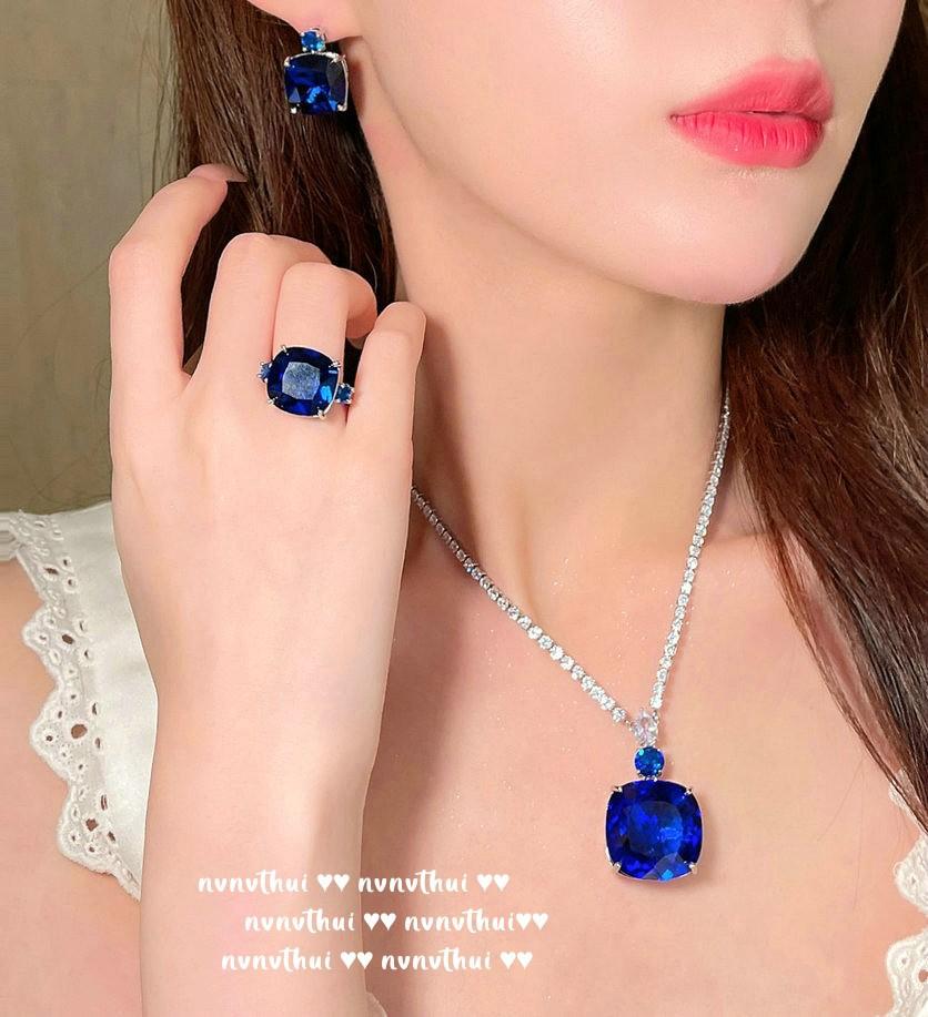Madagascar Sapphire Necklace, Rich Woman'S Happiness, Plated With 18K Gold, Dai Blue Large Carat Zircon, Earrings.