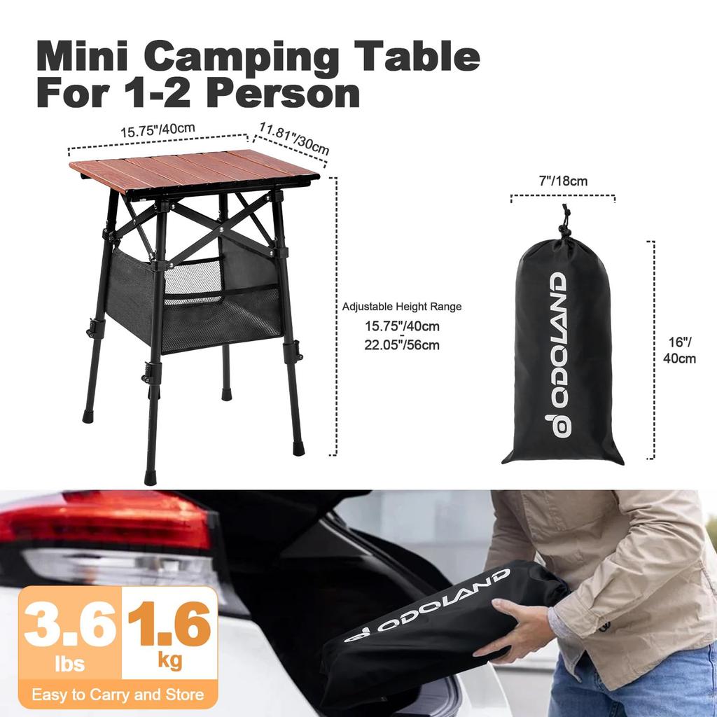 Odoland Camping Table Mini Foldable 60kg Load Waterproof Aluminum Easy Storage Bag Outdoor Table Height-Adjustable (1-2 Person) Table, Capacity,