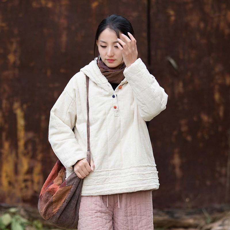 

Johnature Женские винтажные зимние пуловеры с капюшоном, однотонные, с длинным рукавом, на пуговицах, зимние теплые пальто One Size бежевый