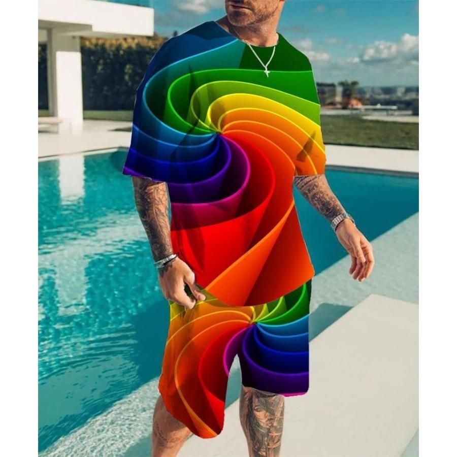 2024 New Men's Round Neck T-shirt Set Printing Optical Illusion Pattern T-shirt Two Piece Set Fashion Men's Summer T-shirt Set