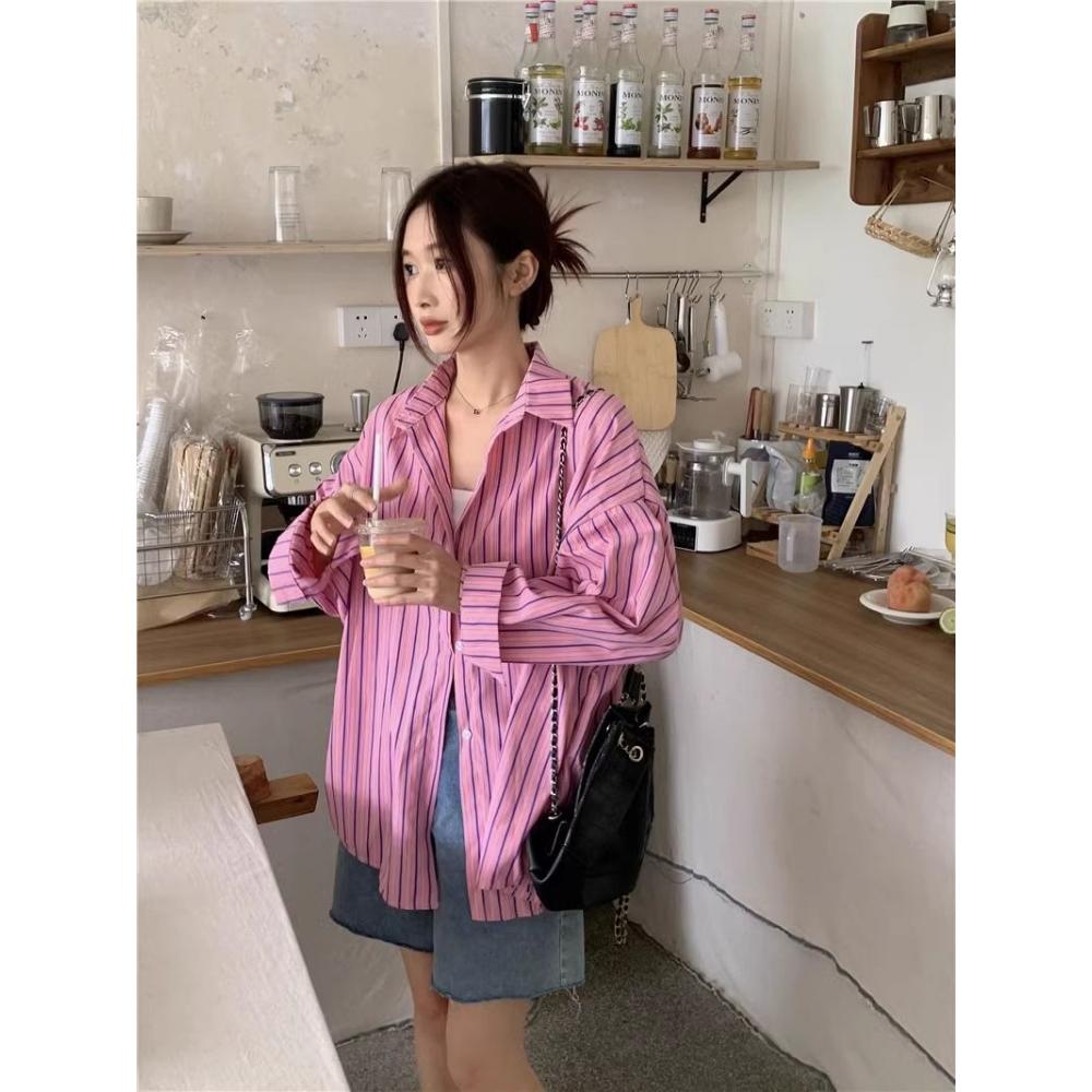 Pink Striped Shirt Jacket Women's New Irregular Sunscreen Shirt Loose Long Sleeved Casual Top