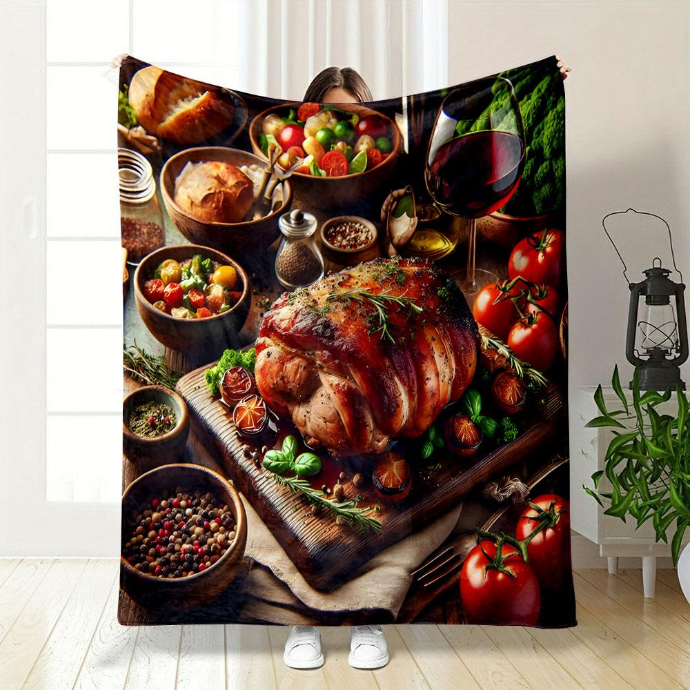 Gourmet Feast with Roast and Wine print blanket soft and cozy perfect for the living room bed sofa or a nap,gift