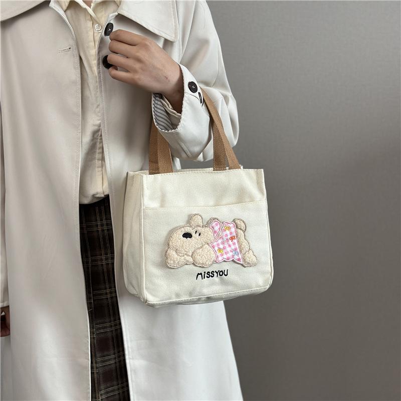 Trendy Canvas Shoulder Bag for Women Large Capacity Cute Bear Print Lunch Tote Handle Bag Comfortable and Texture Storage Bags