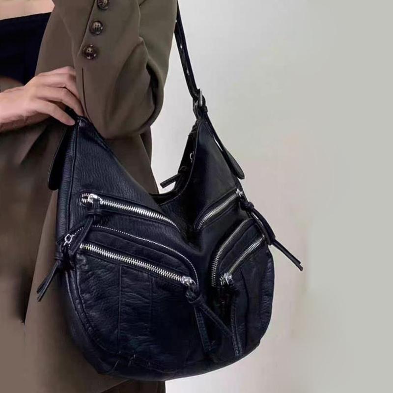 Vintage Large Capacity Soft Leather Black Motorcycle Bag Women's Simple Design Versatile Single Shoulder Crossbody Bag KTY