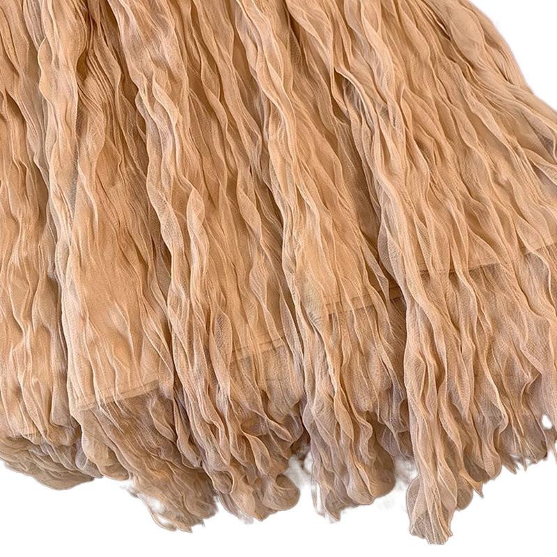 Plus Size Elastic Waist Pure Color Mesh Skirt Long Half-length Wave Pattern Pleated A- Line Commuter Style Polyester Fabric