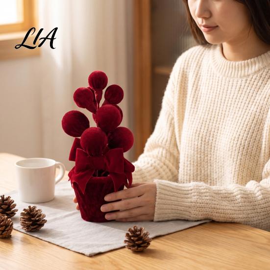 Holiday Table Plants Velvet Christmas Ball Potted Plants, Mini Tree with Artificial Pine, Desktop Red Berry, Fabric Bow, Tabletop Centerpiece for Xmas