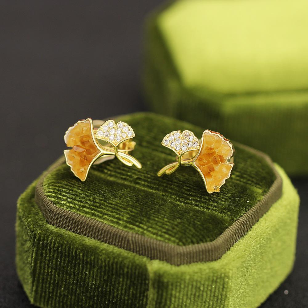 New Sweet and Simple Yellow Crystal Ginkgo Biloba Earrings Gold-Plated Versatile Ear Clips Earrings Women s Accessories