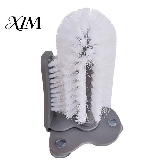 Hand Free Cleaner Suction Cup Bottle Brush, Wall Mounted Rotating Cleaning Scrubber, Plastic Home Kitchen Gadget Thick Bristles Sink Accessory