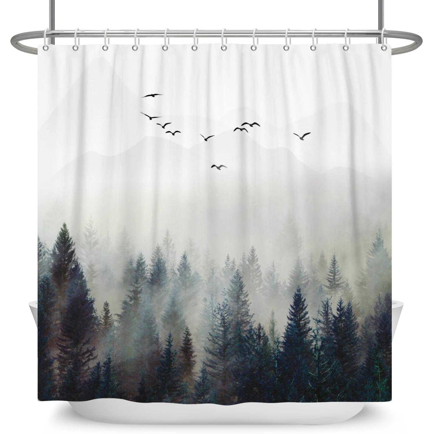 

Rustic Misty Forest Shower Curtain Watercolor Nature Green Pine Trees Fantasy Woodland Shower Curtain For Bathroom Bathtub Decor W60H190(CM)-1 Pcs