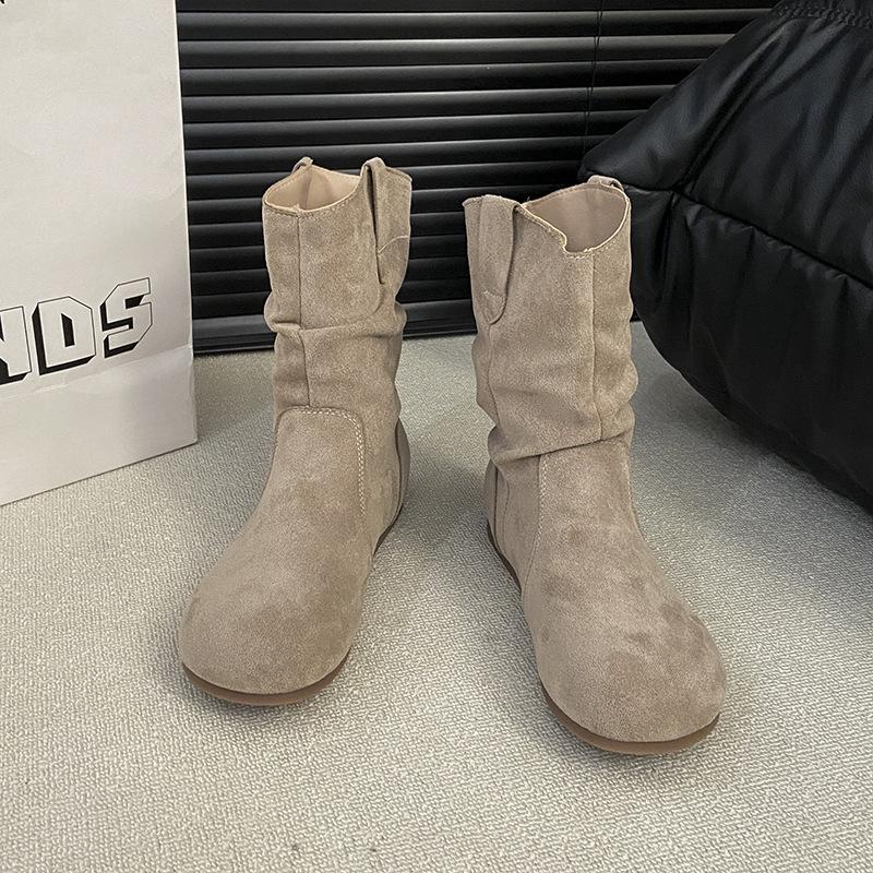 Frosted version~ Retro flat-bottomed short boots women's western boots autumn and winter sleeve round head stacking boots slim short women's boots