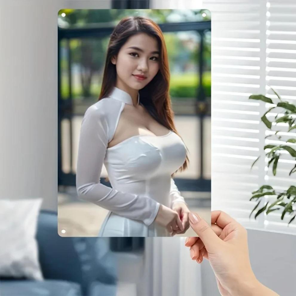 

HD Metal Tin Sign Elegant Vietnamese Ao Dai Girl Wall Art Retro Metal Plaque for Home Decor x Inch 20x30cm（7.8x11.8inch）