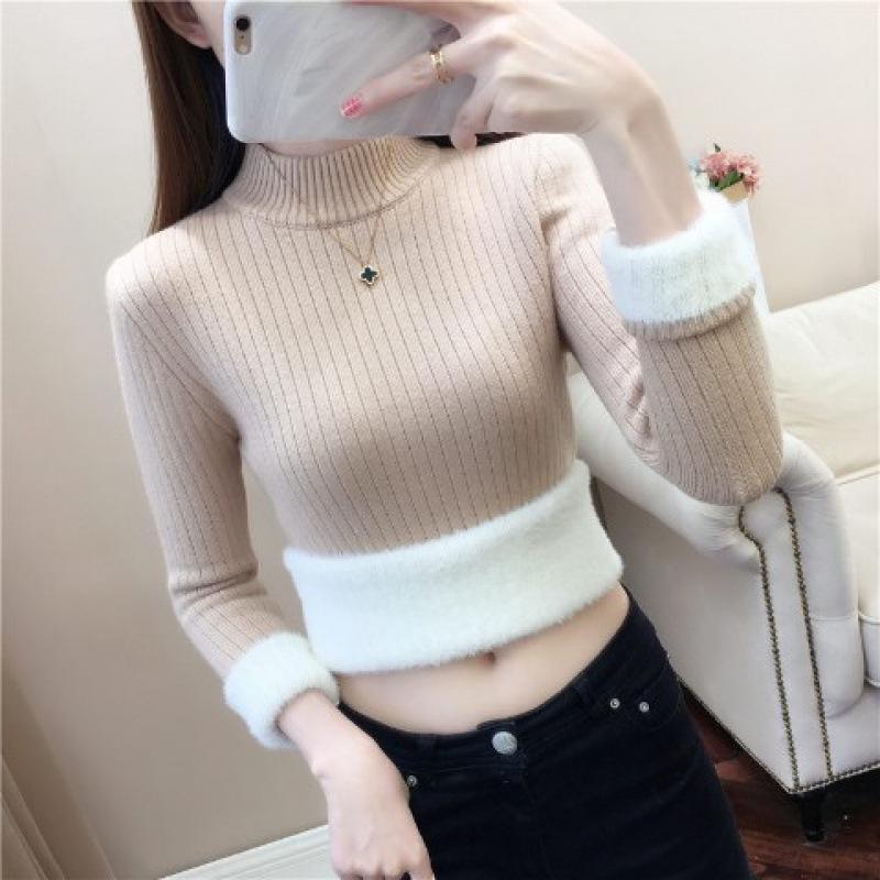 Women's Fleece-Lined Semi-High Neck Knit Sweater - Slim Fit, Solid Color, Perfect for Autumn/Winter.