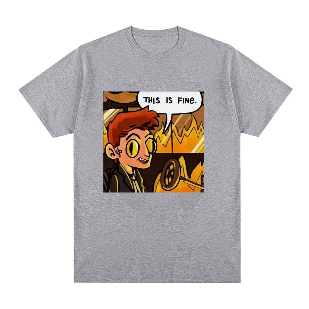 Good Omens This Is Fine Crowley Graphic T Shirt Men Fashion Vintage T Shirts Summer 100% Cotton Casual Cozy T-shirts Streetwears
