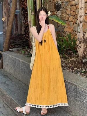 2025 Women's Summer Yellow Tassel Spaghetti Strap A-line Beach Dress