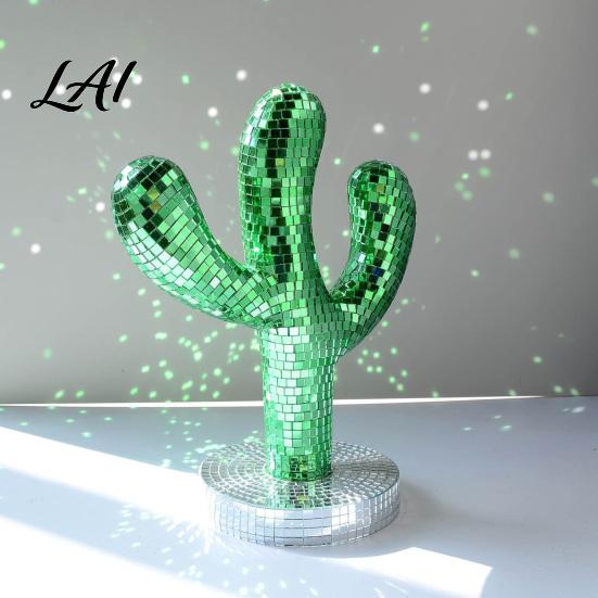 Creative Shiny Cactus Figurine Disco Ball Statue Green Mirror Mosaic Decor Retro Decorative Object for Entryway Table Ornament Home Christmas Party