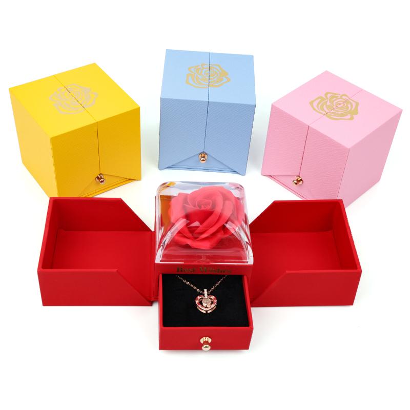Jewelry Packaging Box Double Open Gatefold Rose Flower Gift Box with Drawer Custom Logo Velvet Ring Earring Necklace Case
