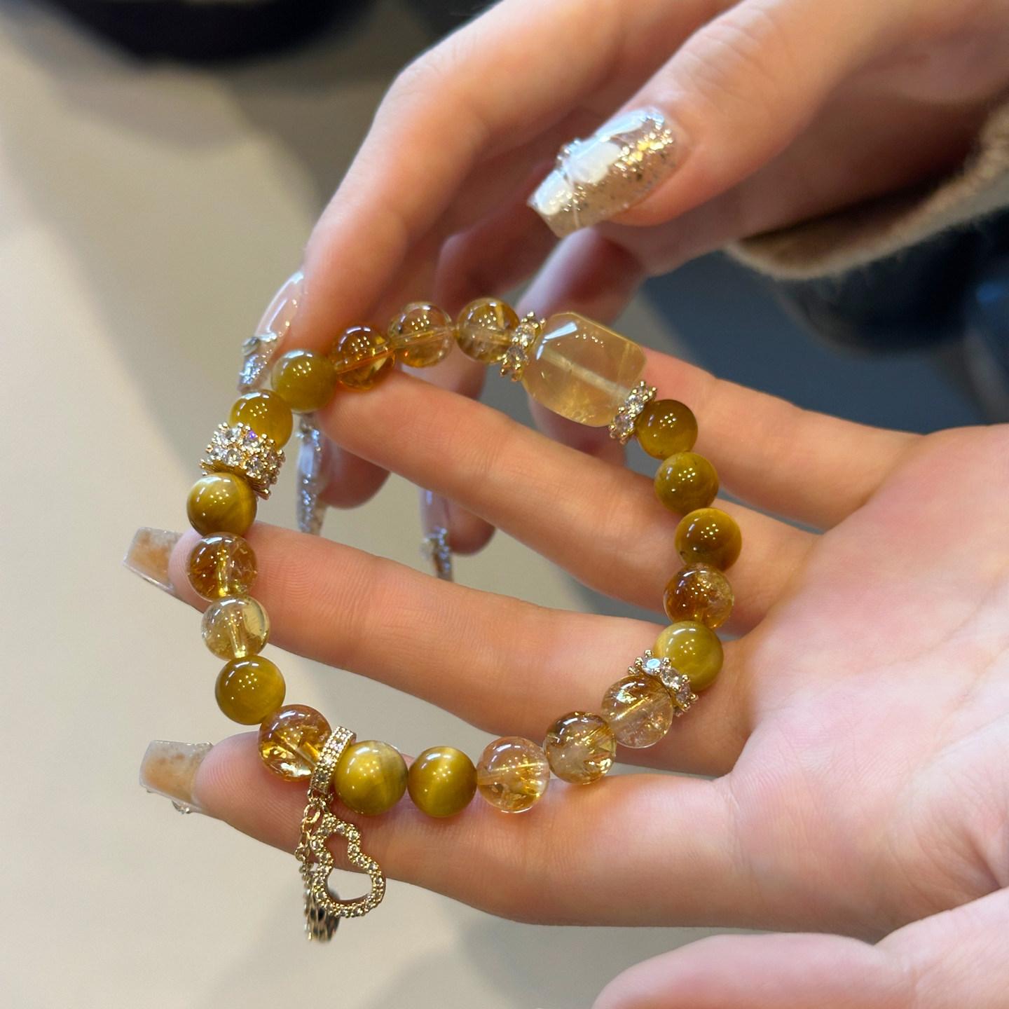 

Shili Jian Fu Lu Shuangcai Artistic New Chinese Style Citrine and Tiger Eye Stone Bracelet Versatile Fresh and Simple Bead Bracelet Tiger Eye Stone, Yellow C