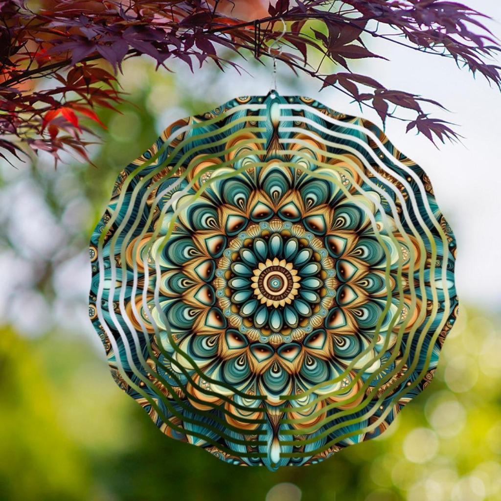 Metal Wind Spinner Autumn Flower Mandala Design in Teal Gold Brown for Garden Patio Balcony Decor All Season Outdoor Wind Chime