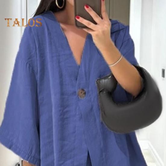 Conjunto holgado de dos piezas para mujer Camisas de manga larga con cuello en V y un botón Conjunto de pantalones de cintura alta Conjunto casual para estar en casa