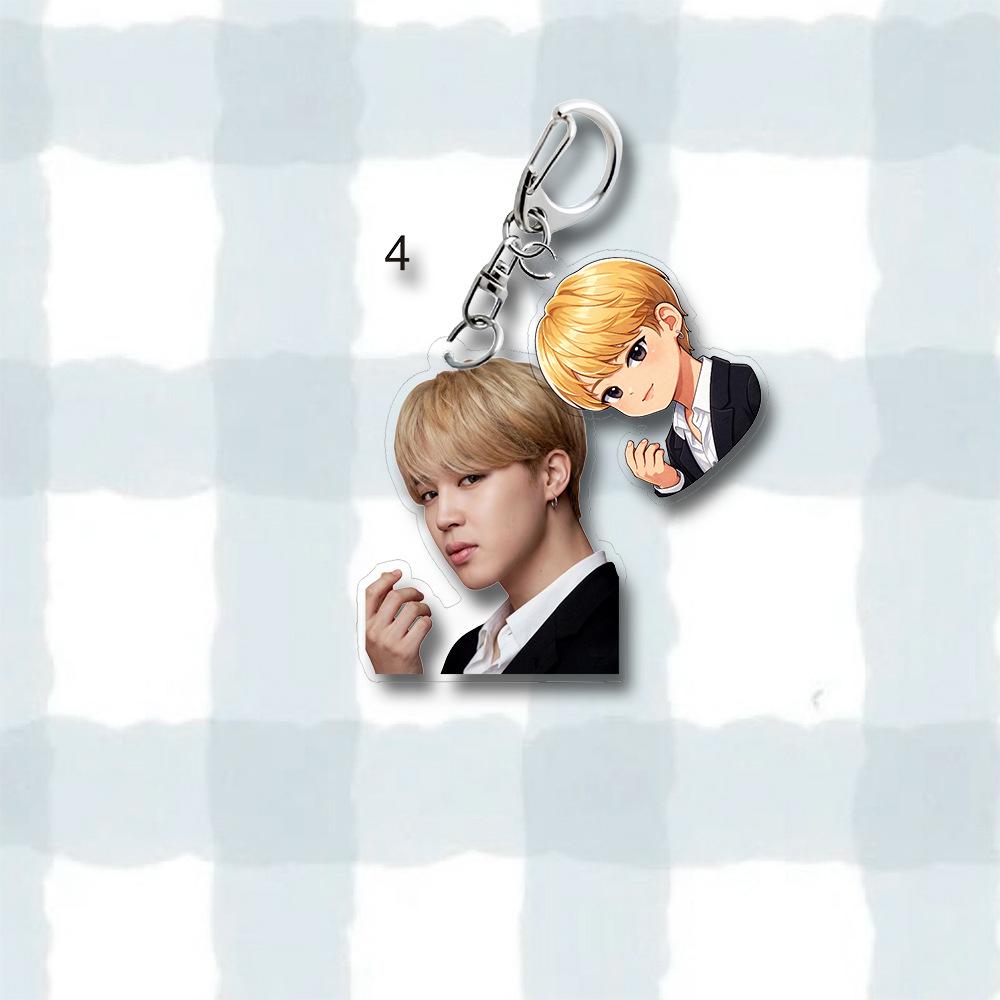 BTS Takım Elbiseli Fotoğraf & Anime Karikatür Çift Akrilik Anahtarlık, Bangtan Boys Gerçek Fotoğraf + Karikatür Figürlü Anahtarlık, ARMY için K-pop İdolü Çanta Süsü