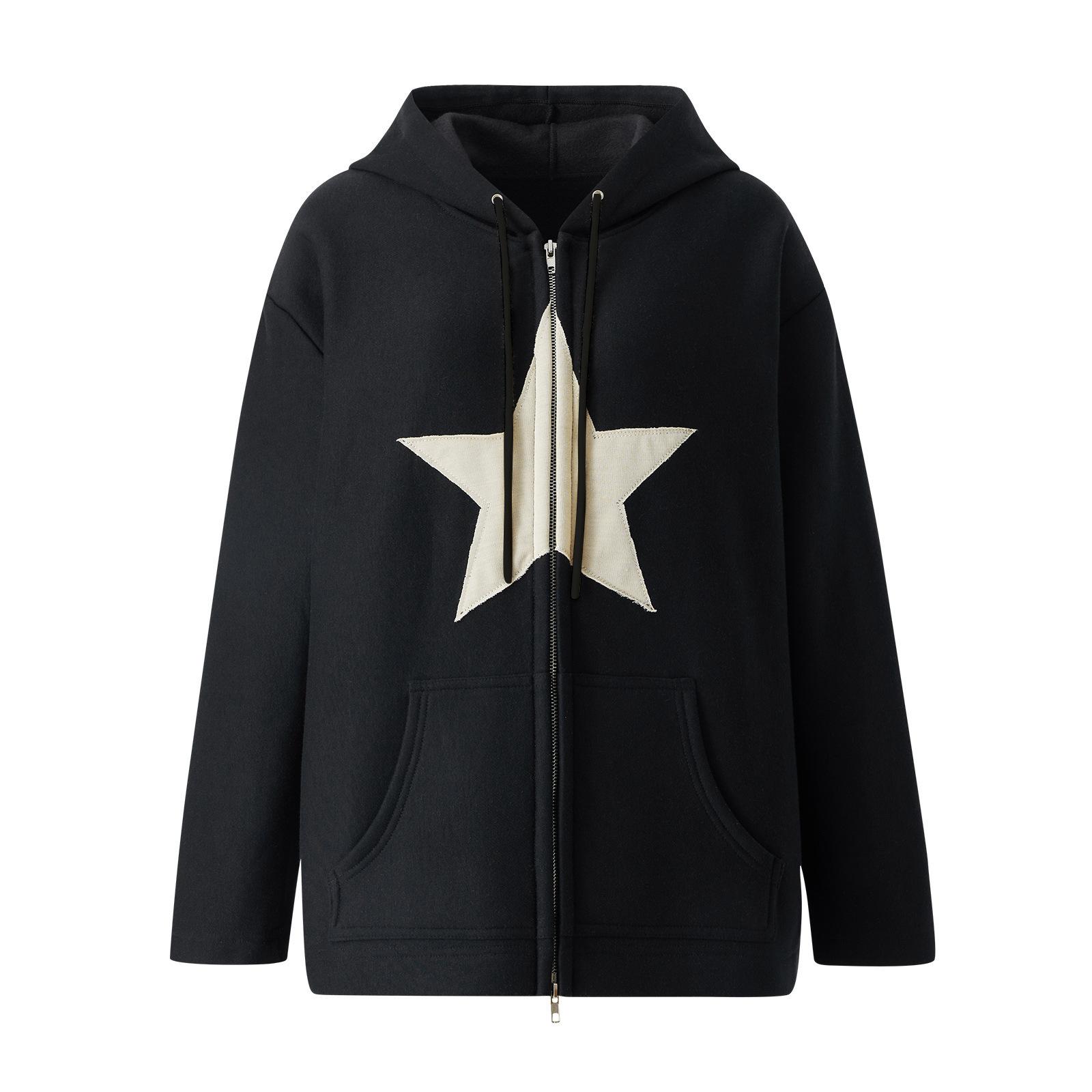 

Spring Autumn Women s Fashionable Star Print Long-sleeved Hooded Sweatshirt XS чёрный