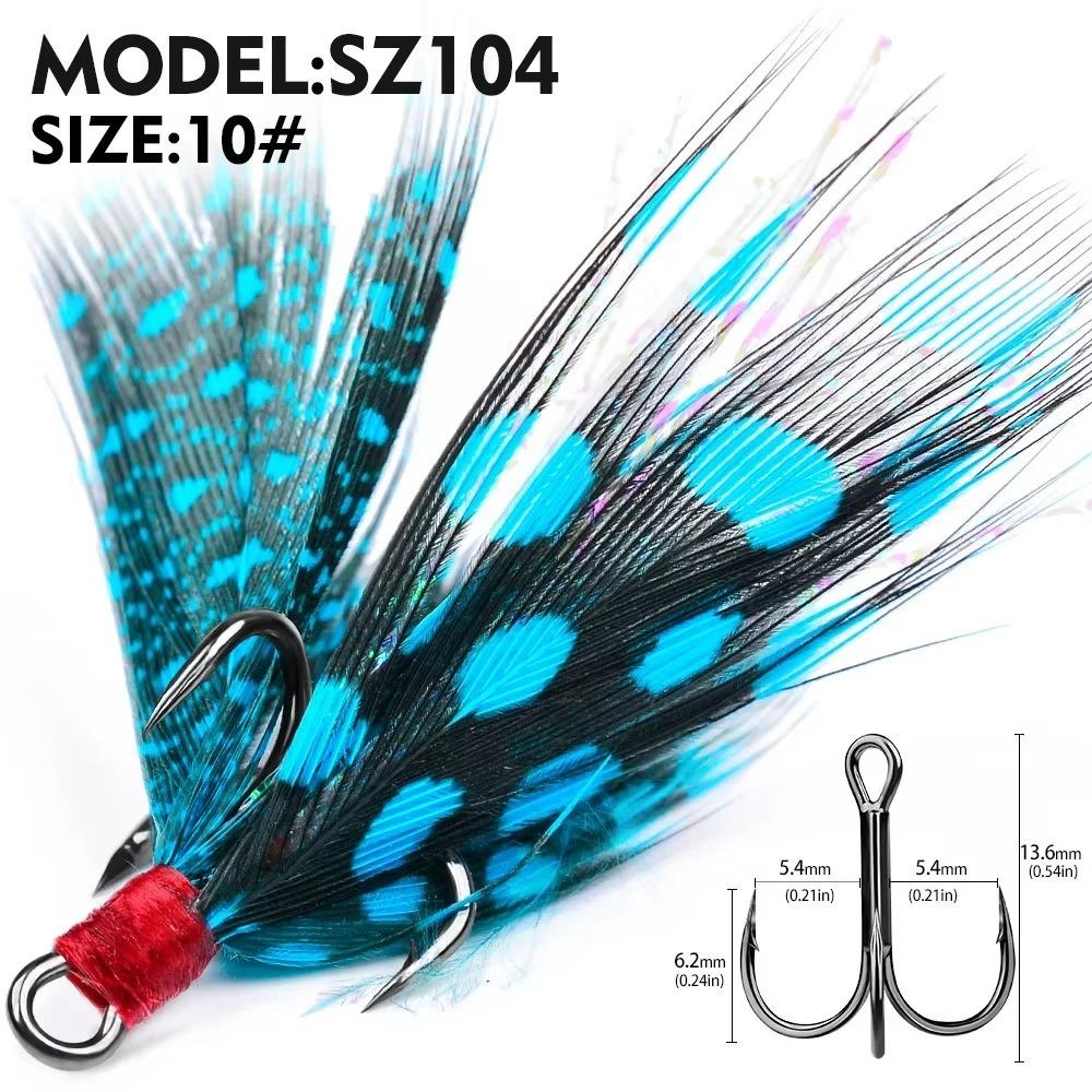 Größe 6#-10# Scharfe Drillinge mit Widerhaken Kohlenstoffstahlmaterial Feder-Jig Angelhaken Stärkedesign Federdekoration