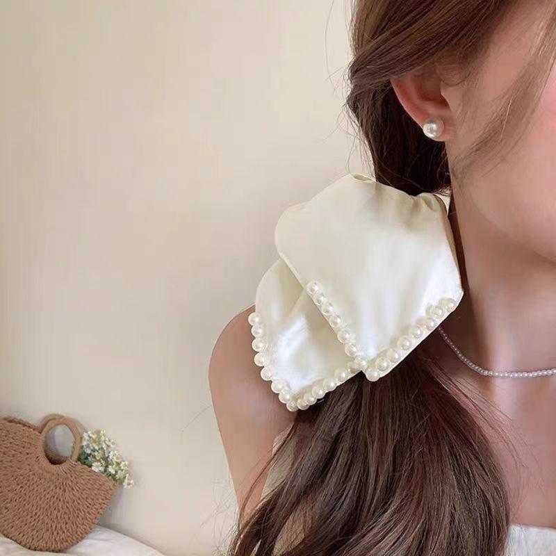 1pc French elegant pearl handkerchief, large intestine headband, satin temperament hair tie, low ponytail hair accessory
