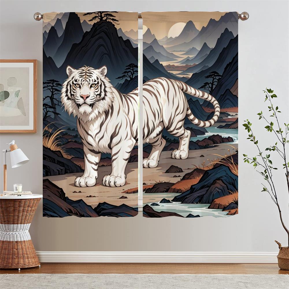 White Tiger Mountain Sea Classics Curtains for Kitchen Curtains 2 Pieces Window Partition Fabric Curtain for Children's Room