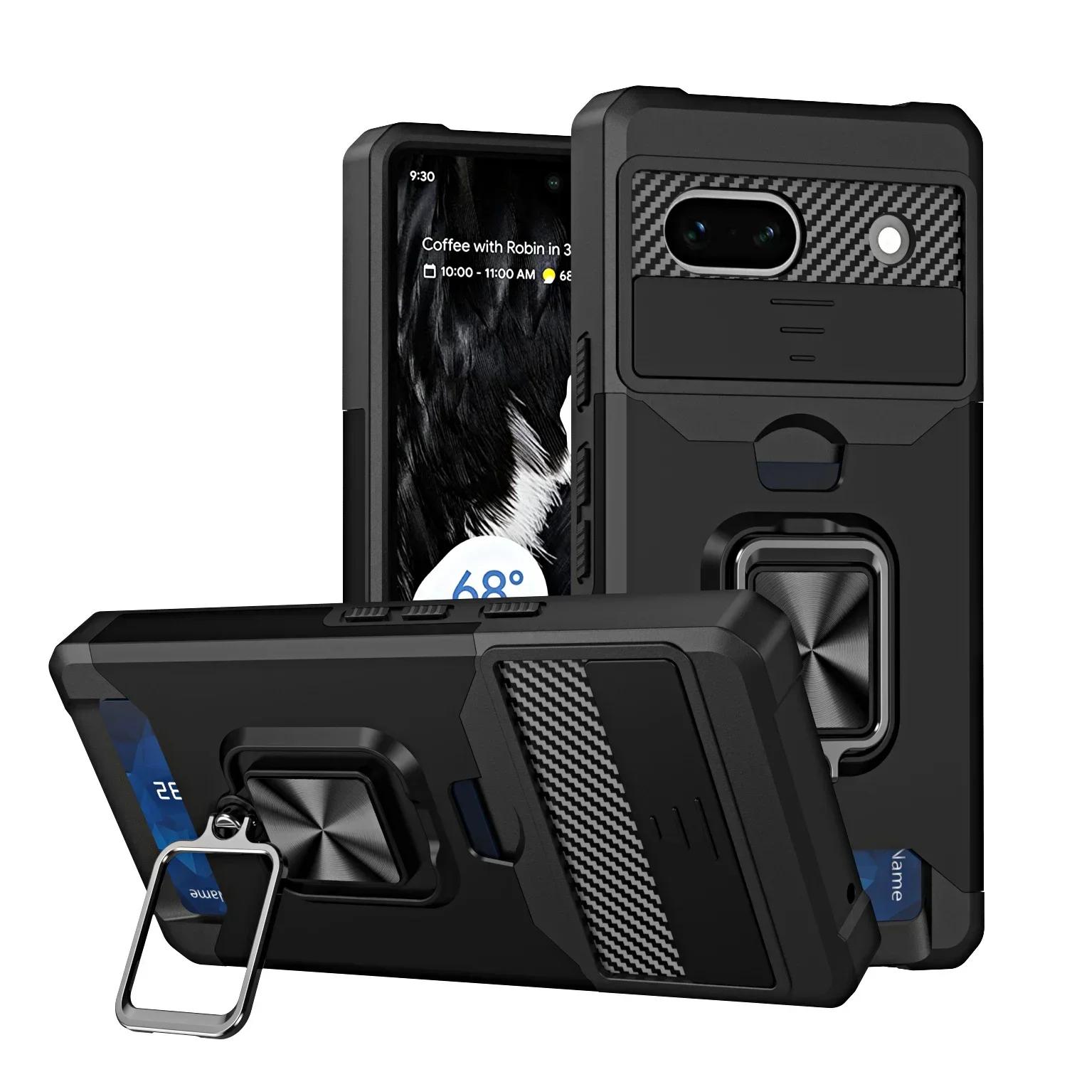 

Case for Google Pixel 9A 9 Pro XL 8 7A 7 6 A Pro Slide Camera Card Holder Slot Wallet Protective With Ring Stand Cover For Pixel 6A чорний