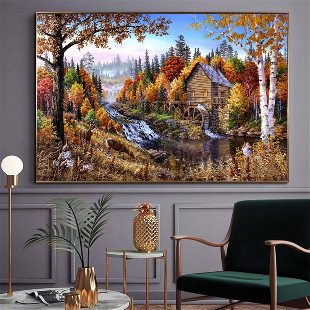 New Abstract Oil Painting Canvas Prints Mountain Landscape Posters and Prints Wall Decor Lamplight Nature House Cottage