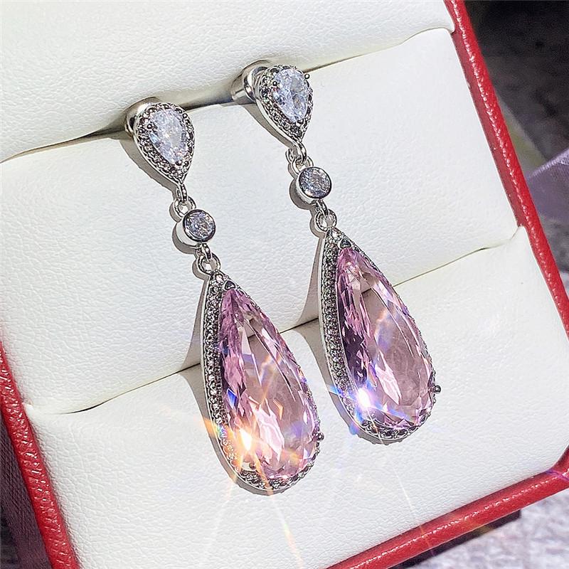 Huitan Elegant Pink Teardrop Zircon Dangle Earrings